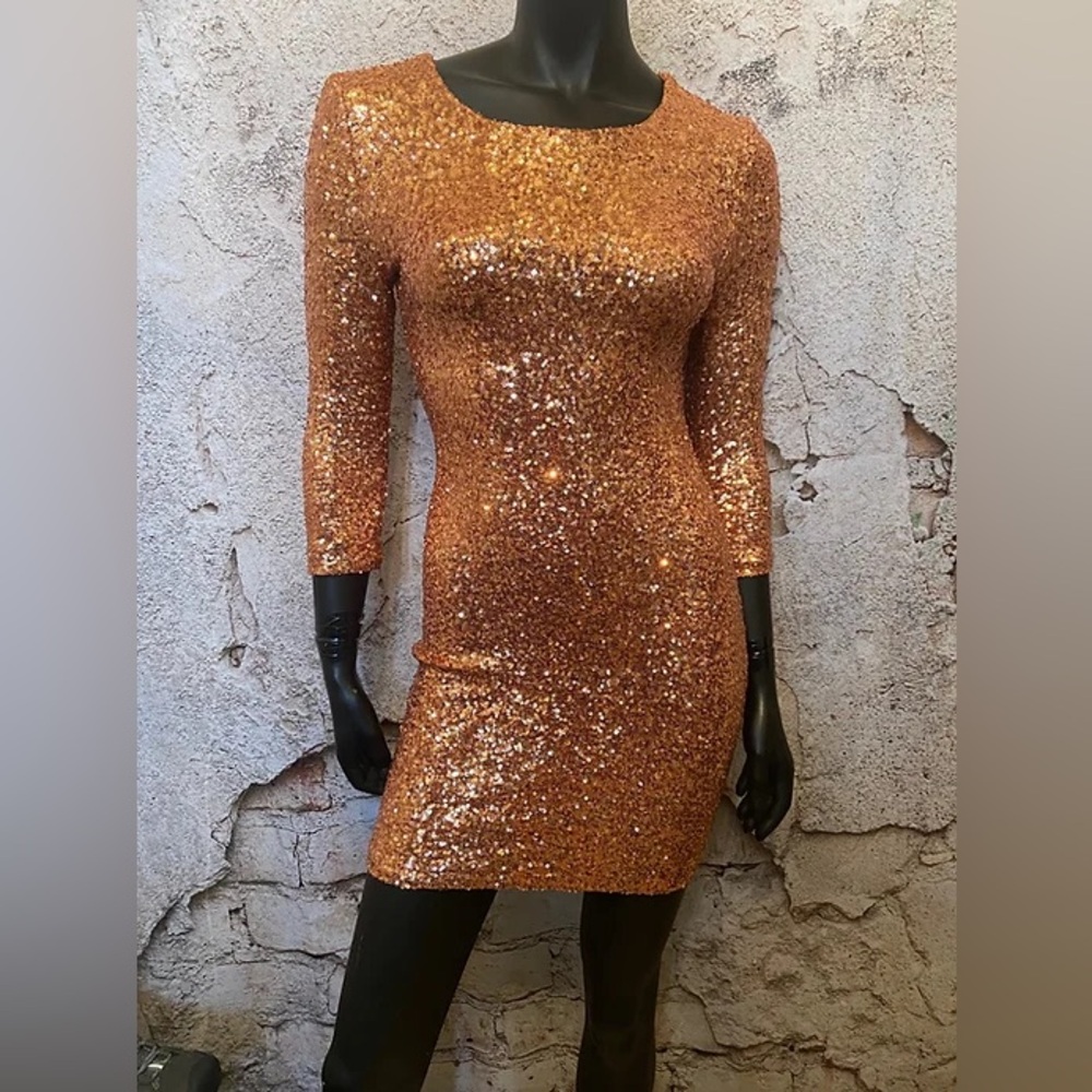 ASOS Rose Gold Sequin Mini Dress Long Sleeve Bodycon Party Cocktail Medium - Picture 3 of 15